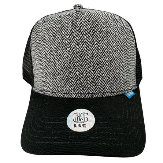 Djinn's Trucker Cap – Herringbone Tweed (Grey/Black)