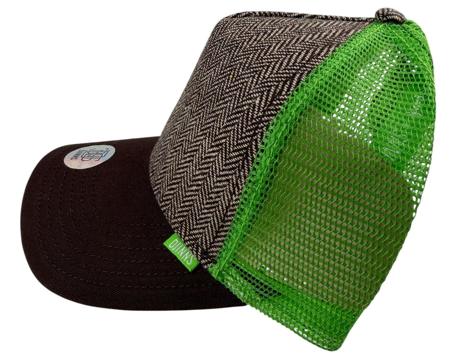 Djinn's Trucker Cap – Herringbone Tweed Neon (Brown/Neon Green)